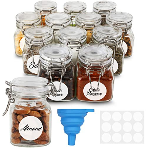 BELLE VOUS 12 Stück Luftdichte Gewürzdosen aus Glas mit Scharnierdeckel - 120 ml - Wiederverwendbare Aufbewahrungsbehälter mit Etiketten & Trichter - Set für Küche, Lebensmittel & Gewürze