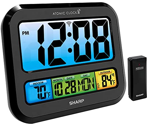 Sharp Atomic Clock with Large Bright Color Display, Atomic Accuracy, Jumbo 3 Easy to Read Numbers - Indoor/Outdoor Temperature Display with Wireless Outdoor Sensor