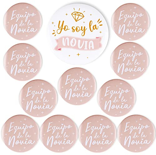 GEBETTER 12Pcs Chapas Alfileres Despedida de Soltera, 1* Novia 7,5 CM + 11* Equipo Novia 5,8 CM, Regalo Recuerdo Complemento Accesorio Fiesta Despedida Soltera Boda Damas Honor Amigas Familia (Rosa)
