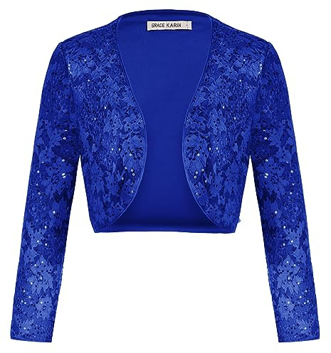GRACE KARIN Women Vintage Sequined Long Sleeve Open Front Cropped Cardigan Wedding Cardigan Classic Blue L