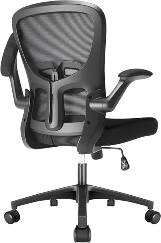 Durrafy Office Chair, Mid-Back Desk Chair with Lumbar Support, 90° Flip-up Armrest, Height Adjustable Swivel Computer Chair, Padded Seat Cushion, Comfy for Home/Office, Black