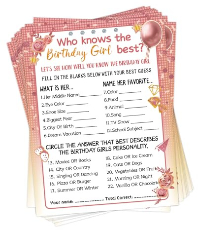 Who Knows The Birthday Girl Best, 30 Pcs Girls Birthday Party Game Cards ﻿