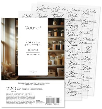 QOONA Vorratsetiketten Set - schwarz - selbstklebend (220 Stück) - Etiketten Vorratsdosen inkl. Kochzeit - wasserfest & transparent