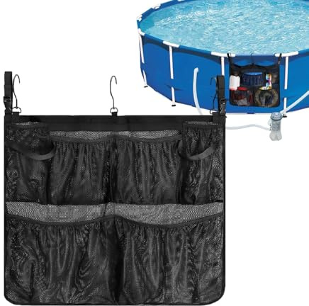 Sac de rangement en maille pour flotteur de piscine – Support de jouets de piscine en maille | Pliable avec 3 grands crochets Organiseur de rangement pour fournitures de piscine pour salle de bain