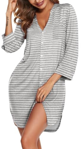 Ekouaer Camisones de Mujer Invierno con Botones Tallas Grandes Mujer Rayas Ropa de Dormir Vestido Cuello en V Sexy, Rayas Grises M