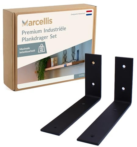 Marcellis Premium Regalhalterung für 20-25 cm breite Bretter, Matt Schwarz, 2x Industrielle Regalhalterungen (40 kg Tragkraft) - Hochwertige Verarbeitung und Montagematerial - 10,5x4x19,5 cm (HxWxD)