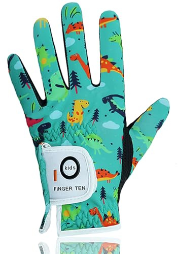 FINGER TEN Golfhandschuhe Kinder Jugend Junior Mädchen für Linke Hand, Junge Golf Handschuhe Atmungsaktive Mikrofaser Synthetische Rechtshänder für Alter 4-13 Jahre (Grüne Dinosaurier, S)