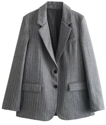 OWEIEYEU Giacca da donna grigia a righe giacca con bottoni giacca vintage a maniche lunghe con tasca, grigio, L