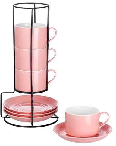 Meichu 236 ml (8 oz) stapelbara espressokoppar i porslin med fat och metallstativ set med 4 – rosa