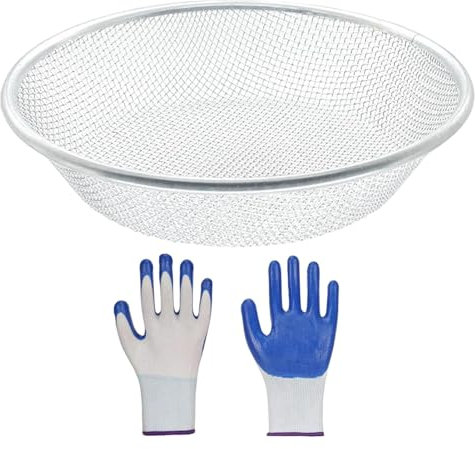 Tamiz de tierra, tamiz de grava, tamiz de jardín, malla de tamiz de suelo, malla de acertijo de jardín, con guantes, construcción de acero inoxidable de alta calidad, separación eficiente del suelo