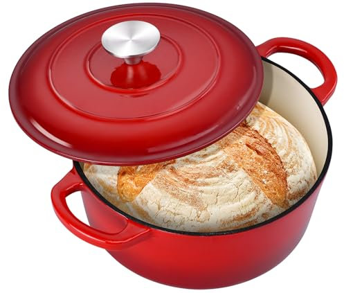 Leonyo - Olla holandesa de 3 cuartos con tapa, horno holandés redondo de hierro fundido esmaltado de 3 cuartos para hornear pan de masa madre, utensilios de cocina resistentes para estofar, guisos,