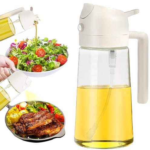 Pubiao Olive Oil Spray Bottle - 16oz/470ml Sprayer 2 in 1 Olive Oil Dispenser Bottle for Kitchen Accessories - Kitchen Gadgets, For Air Fryer, Salad, BBQ - Creamy White