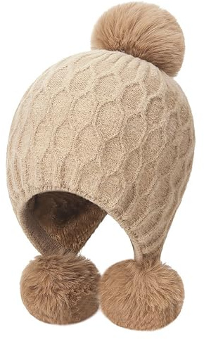 AWAVM Women Knitted Hat Winter Warm Beanie Hat with Pom Pom Bobble Hat Style with Windproof Ear Flaps (UK, Alpha, One Size, Khaki)