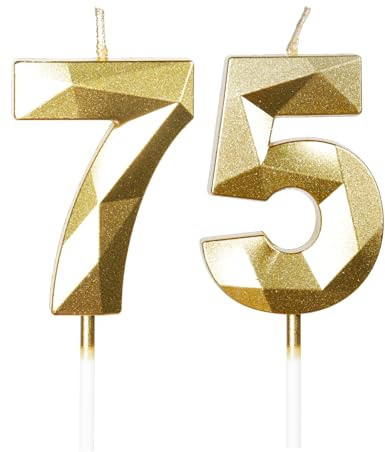 mciskin Gold 75th Birthday Candles,75th Birthday Decorations for Women Men,3D Number 75 Candle for Cake,Gold Candle Cake Toppers for Birthday Party Decorations Wedding Supplies