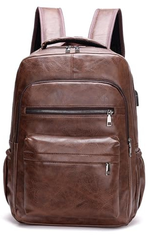 Zestivra Mochila de ordenador portátil vintage - mochila de de viaje casual | Bolso de hombro elegante con puerto de carga USB, de PU duradero para trabajo de oficina escolar, marrón oscuro, Se