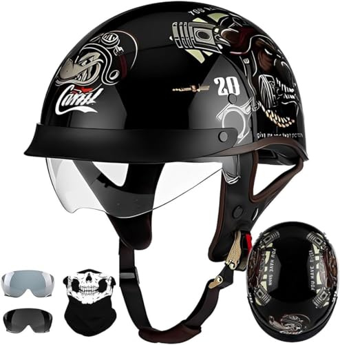 Casques Jet, Demi-Casque Moto Vintage Homologué ECE, Rétro Casques Bols avec Pare-Soleil Et Boucle À Dégagement Rapide Réglable, Casque Ouvert pour Scooter Vélo Cruiser 57~64Cm 4,L