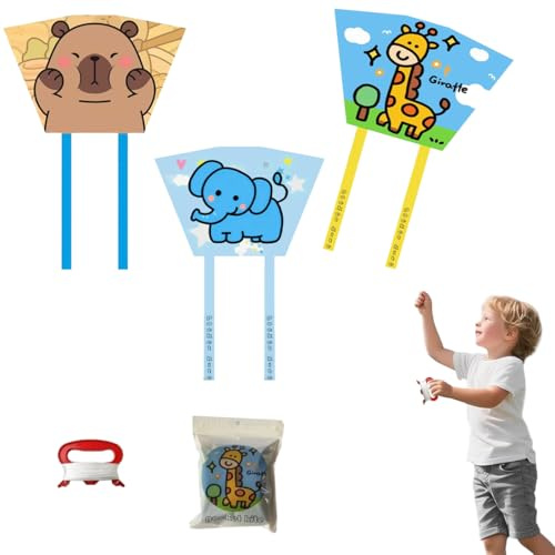 DIFLAX 3 Piezas Cometa, Cometas para Niños, Cometa Portable, Para Principiantes, Motivos Capibara Elefante Jirafa, 75x48cm, Cola de 1.48m, para Actividades al Aire Libre