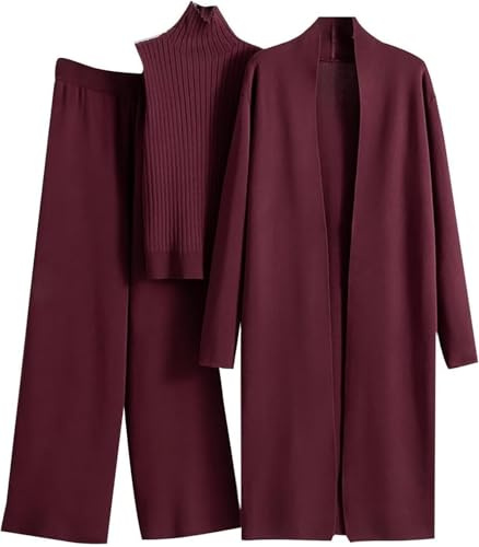 Generisch Set lounge da donna 3 pezzi maglia manica lunga cardigan e pantaloni a gamba larga, canotta senza maniche a collo alto, bordeaux, Taglia unica