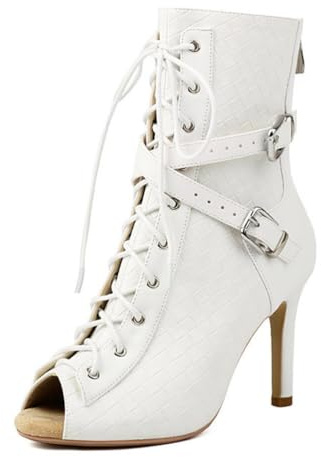 Wtharosa Stivaletti Donna con Lacci Gotico Peep Toe PU Tacco Alto Cinturini Dettaglio Intrecciato Stile Combat Moda Festa Sera Notte,Bianca,39 EU