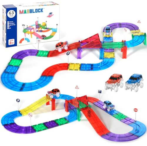 JUQG 63Pcs Juguetes de Construcción Magnéticos, Juguete de Bloques de Construcción Magnéticos con Coche de Carreras LED, Juguetes para el Desarrollo Educativo Regalo para Más de 3 Niños y Niñas