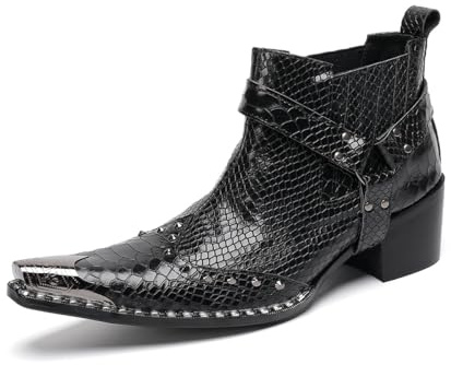 Yhsdfcn Botas Cowboy Western de Cuero Genuino con Estampado de Cocodrilo y Serpiente Negro, Tacón de Bloque Hombre, Botines Chelsea y Punta Grabada,Negro,44 EU