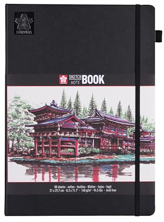 Sakura Cuaderno de Bocetos Negro | 21 x 29.7 cm, 140 g, 80 hojas | Cuaderno de Tapa Dura para Lápiz, Pastel, Tinta, Témpera
