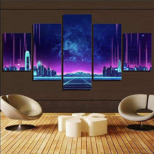 wodclockyui Leinwanddrucke 5 stück- Synthwave Musik Retro Neon City Malerei 5 Panel Leinwand Innenwand HD Kunstdekoration Gemälde und Poster 200cmx100cm Rahmenlos