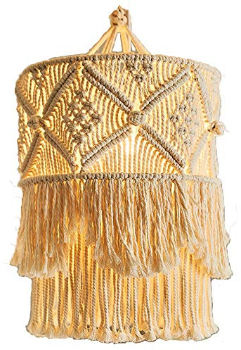 Gokelomg Lámpara Bohemio Macramé Tapiz de Pared con Borlas, Algodón, Montaje en Pared, Texturado, Beige