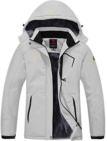 YSENTO Damen Winter Fleece wasserdichte Skijacke Outdoor Verdickte Softshell Warm Winddicht Wandern Funktionelle Atmungsaktive Jacke mit Abnehmbarer Kapuze(Hellgrau,S)