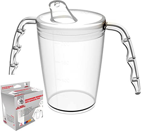 Tasse à deux anses 220 ml transparente avec couvercle à bec verseur petite ouverture | Tasse en plastique à double poignée pour une meilleure ergonomie, tasse pour une prise en main sûre, même avec