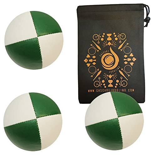 3 x Pro 76g Cascade Mini Juggling Balls - Small Sized Quality Thud Juggling Balls & Bag - Set of 3 Juggling Balls (Green and White)