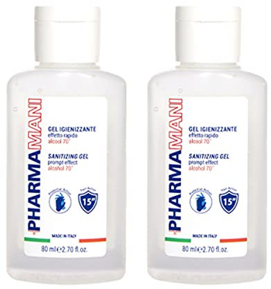 Pharmamani KIT 2 PEZZI GEL IGIENIZZANTE MANI da 80ml. 70% Alcool, Effetto Rapido, Non appiccica, si assorbe subito, idrata le mani. Profumo gradevole, Dermatologicamente Testato. Formato tascabile.