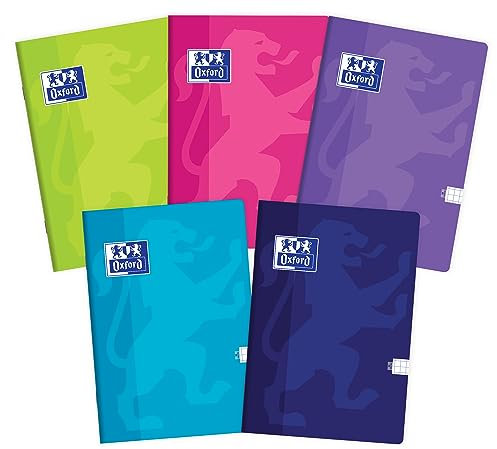 Oxford Touch Schulheft A5 Kladde 32 karierte Blätter mit Seitenrand, Optik Paper 90 g, weicher laminierter Umschlag, Notizblock Set für Büro & Schule, 10 Stück-Packung, Farbenmix