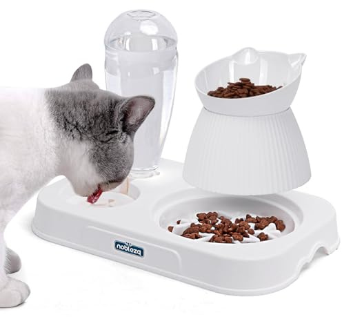 Nobleza Cat Food and Water Bowl Set With Stand - 15° Tilted Elevated Plastic Pet Feeding Bowls for Cats, Kittens and Dogs