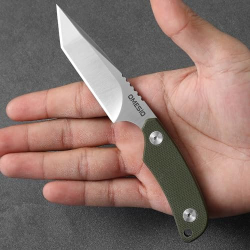 Omesio Tanto Neck Knife Messer mit Clip D2 Stahl fulltang Kleines feststehendes Messer G10 Griff mit einer Kydex-Scheide, grün