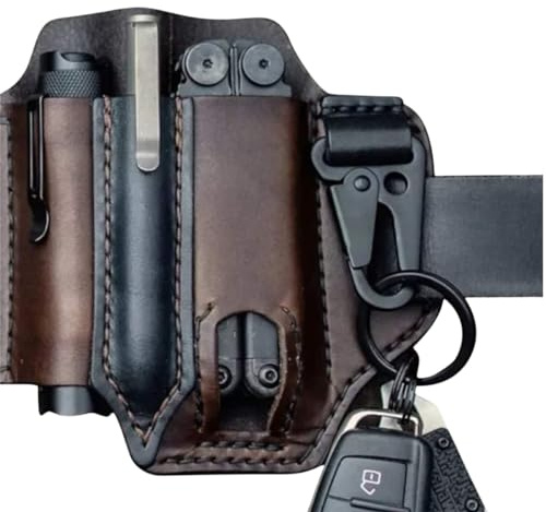 Leder-Gürtelscheide mit Schlüsselhalter + Stift-Clip + Taschenlampen-Holsterscheide, EDC-Lederscheide für Leatherman Multitools, Gürtelwerkzeugtasche, Werkzeuge für Outdoor Camping (Braun)