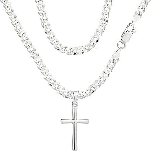 AMAR PRAGNA Cadena de Rey para Hombre, Plata de Ley 925, Cruz, 60 cm, Joyería de Plata Maciza, Calidad Italiana