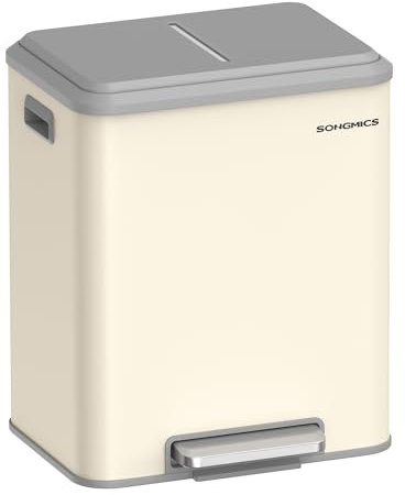 SONGMICS Mülleimer Küche, Mülltrennsystem 2 x 15 L, 2 Fächer für Recycling und Restmüll, Abfalleimer, Inneneimer, Stahl, Softclose-Deckel, breites robustes Pedal, sandbeige LTB544A02