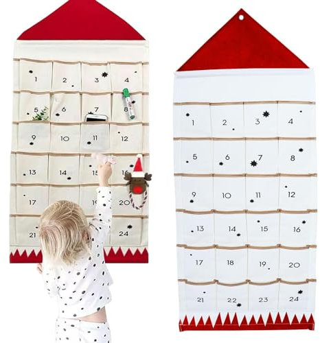 Les-Theresa Empty Advent Calendar to Fill Yourself with 24 Pockets - 50 x 120cm DIY Christmas Countdown Wall Hanger for Small Gifts, Home Decor (Red)