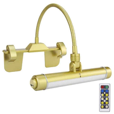 HONWELL LED Picture Light with Remote Control, Wireless Rechargeable Dimmer, Rotating Head Artwork Display with 3 Lighting Modes for Painting, Dartboard - New Gold