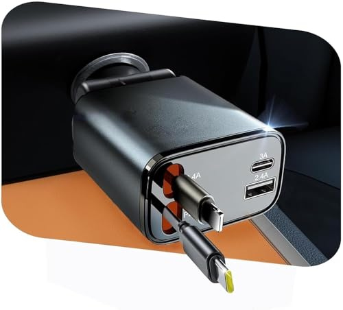 Rétractable Chargeur Voiture, 69W 4 en 1 Chargeur Rapide QC3.0&PD Prise Adaptateur USB Chargeur Telephone avec LED Voltmètre pour iPhone 17 16 Pro Max, Android, Samsung