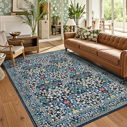 GarveeHome 8x10 Area Rugs, Washable Rugs for Living Room Non Slip Stain Resistant Ultra Soft Floral Rug, Boho Carpet Floor Mat for Bedroom Dining Room Nursery Playroom Office, Dark Blue