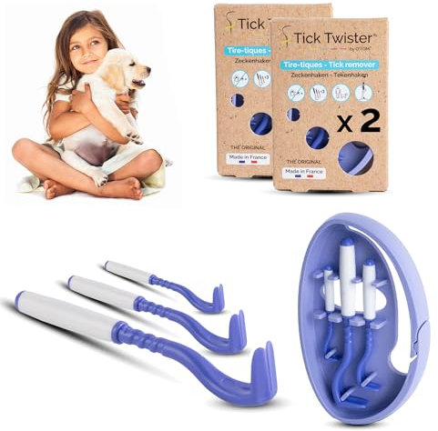 Tire Tique pour Chien, Chat et Humain (Lot de 2 Sets de 3) - Retrait Facile, Rapide et Sans Douleur – Pince à Tique avec Boîte de Rangement, Idéal en Voyage et à la Maison (VIOLET, 2 SETS)