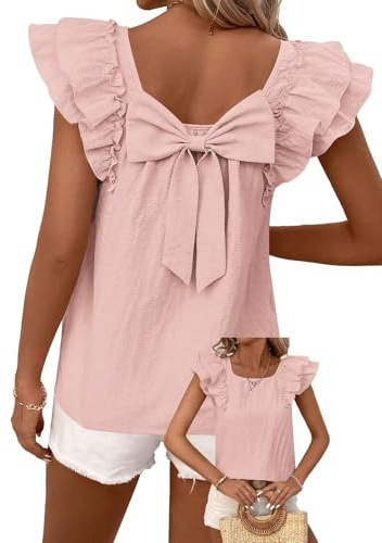 TUUHAW Femme Chemisier Summer Top Chic et Élégant Haut à Volants Nœud | Femme Chemisier Summer Top Chic et Élégant, Haut à Volants Tunique Été Lâche Mousseline Blouse, avec Dos à Nœud Col Rond