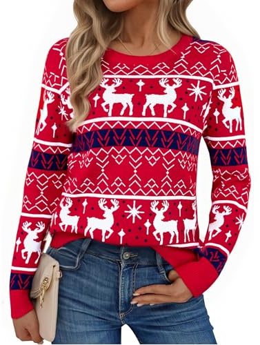 Litherday Pull de Noel Femme Moche de Noel Femme Hiver Chaud Manche Longue Pull Femme Jumper Sweat Imprimé Renne, Flocon de Neige Rouge M