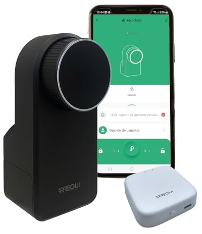 Arregui SPIN + BRIDGE – Cerradura Electrónica Inteligente con Apertura vía App, Mando y Keypad | Control desde Smartphone | Control Remoto Bridge Compatible Google y Alexa | Instalación sin Perforar