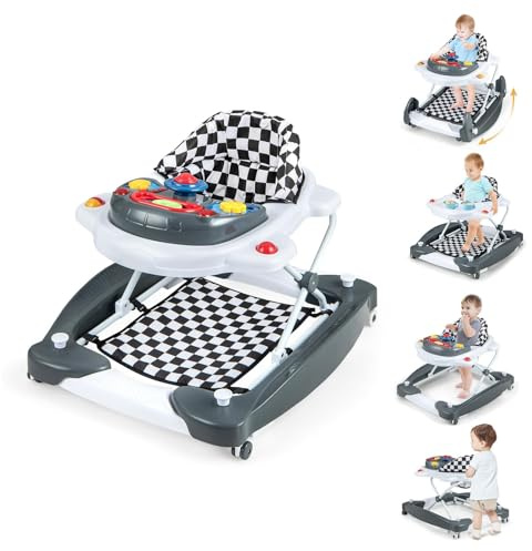 FANTASK Lauflernhilfe, Baby Walker 6-in-1 höhenverstellbar, Lauflernhilfe klappbar mit abnehmbarem Spielbrett Licht Musik & Fußpolster, Laufwagen Gehfrei für Babys ab 6 Monaten, Grau