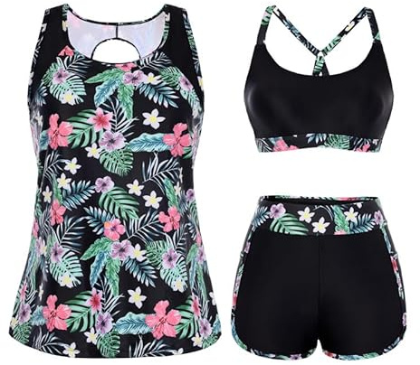 Hanna Nikole Ensemble tankini 3 pièces pour femme, maillot de bain de sport, maillot de bain gainant, maillot de bain modeste, haut tankini creux à dos rond, haut de bikini réglable et short de bain