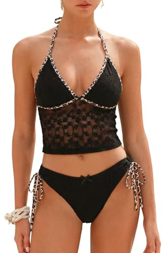 ZAFUL Women's Tankini Sets Halter String Tie Side Thong V Neck Bathing Suit Bowknot Lace Textured 2 Piece Swimsuit Black M