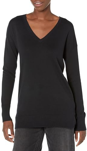 Amazon Essentials Maglione A Tunica Leggero A Maniche Lunghe Con Scollo A v (Disponibile In Taglie Forti) Donna, Nero, M